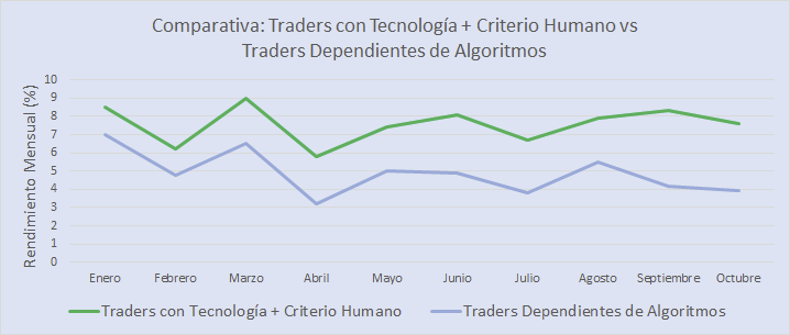 Gráfico comparativo: Traders con Tencología + Criterio Humano vs Traders Dependientes de Algoritmos