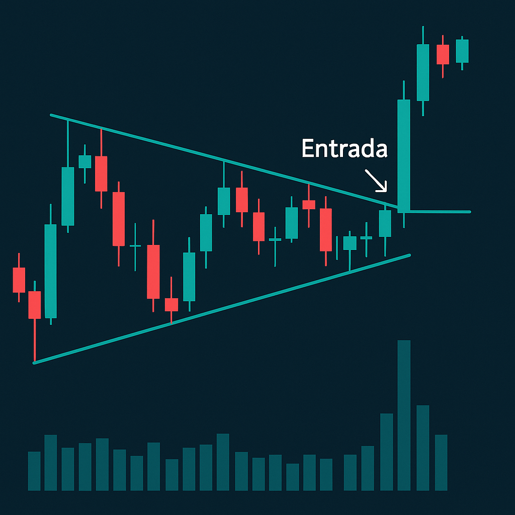 Gráfico con canal lateral o patrón tipo triángulo, con entrada al romper el rango con fuerza