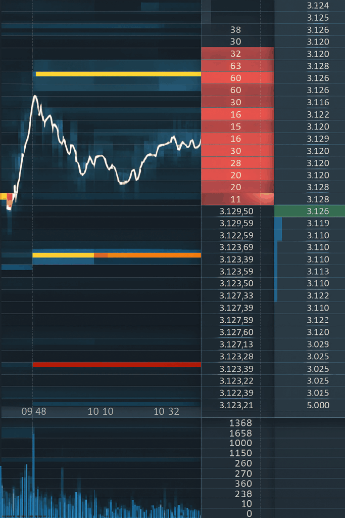 Vista típica del DOM (Depth of Market) o flujo de órdenes