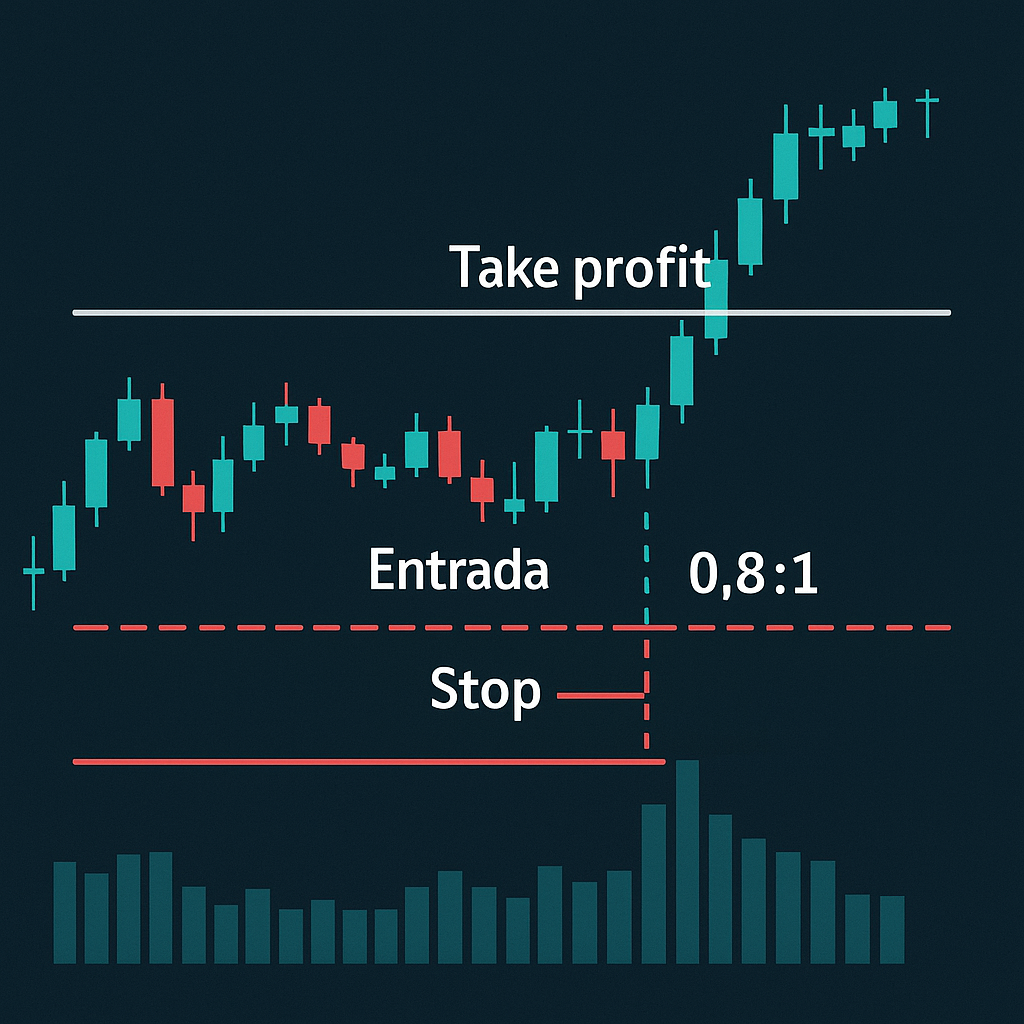 captura de gráfico con líneas de entrada, stop y take profit, mostrando un ratio de riesgo-beneficio bajo (por ejemplo, 0,8:1) pero con alta probabilidad de éxito.