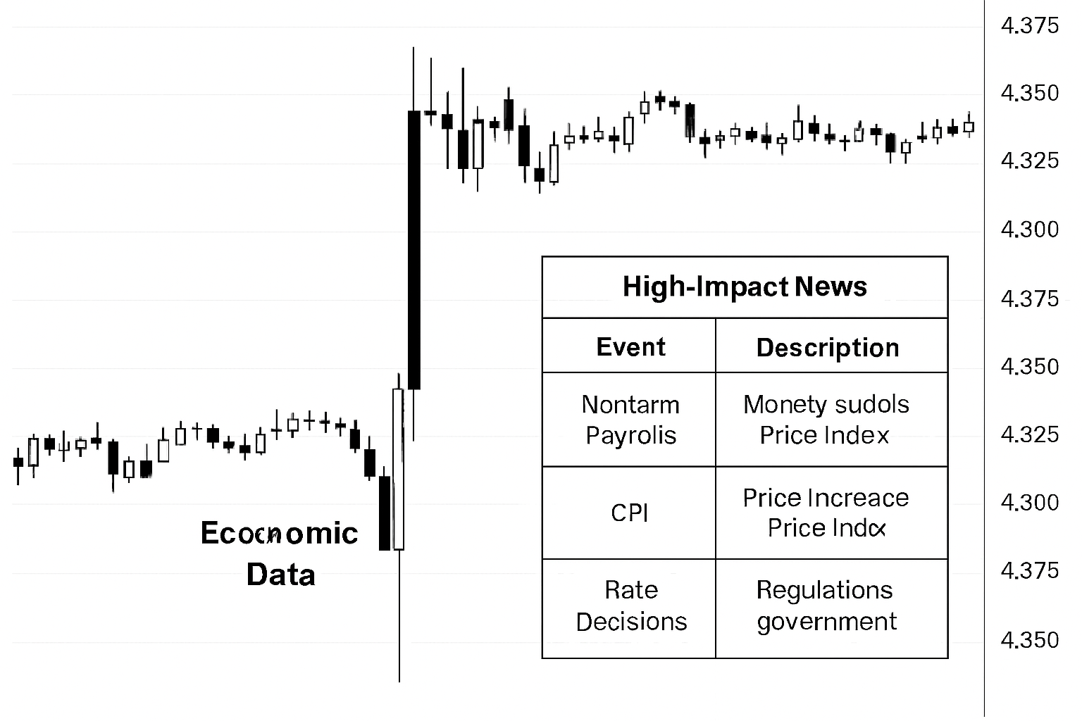 Gráfico con una vela grande tras un dato económico, con marcada volatilidad. Se complementa con una tabla que lista noticias de alto impacto