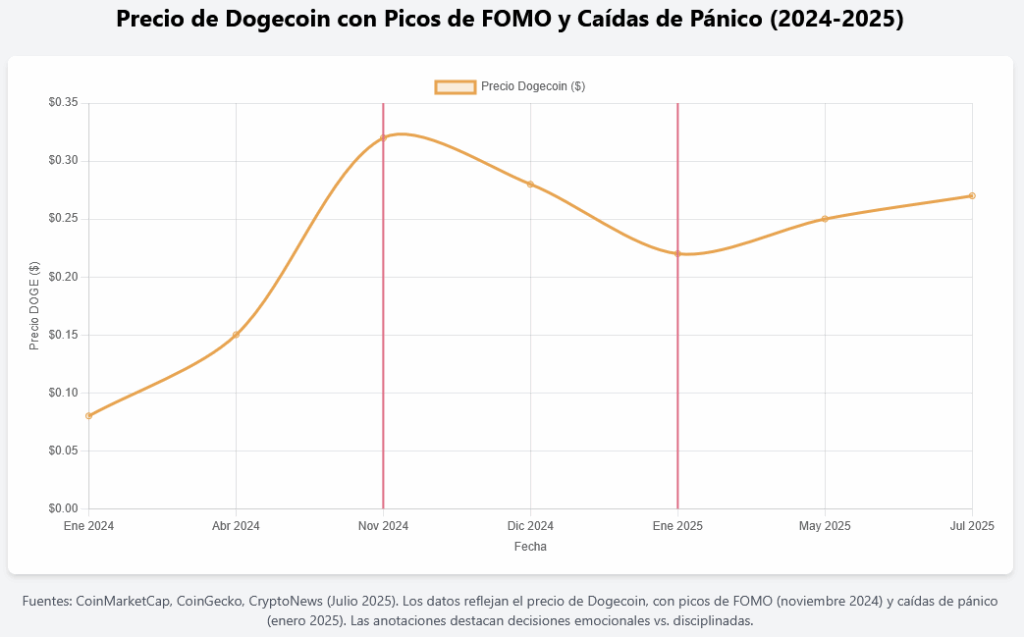 Precio de Dogecoin con Picos de FOMO y Caídas de Pánico