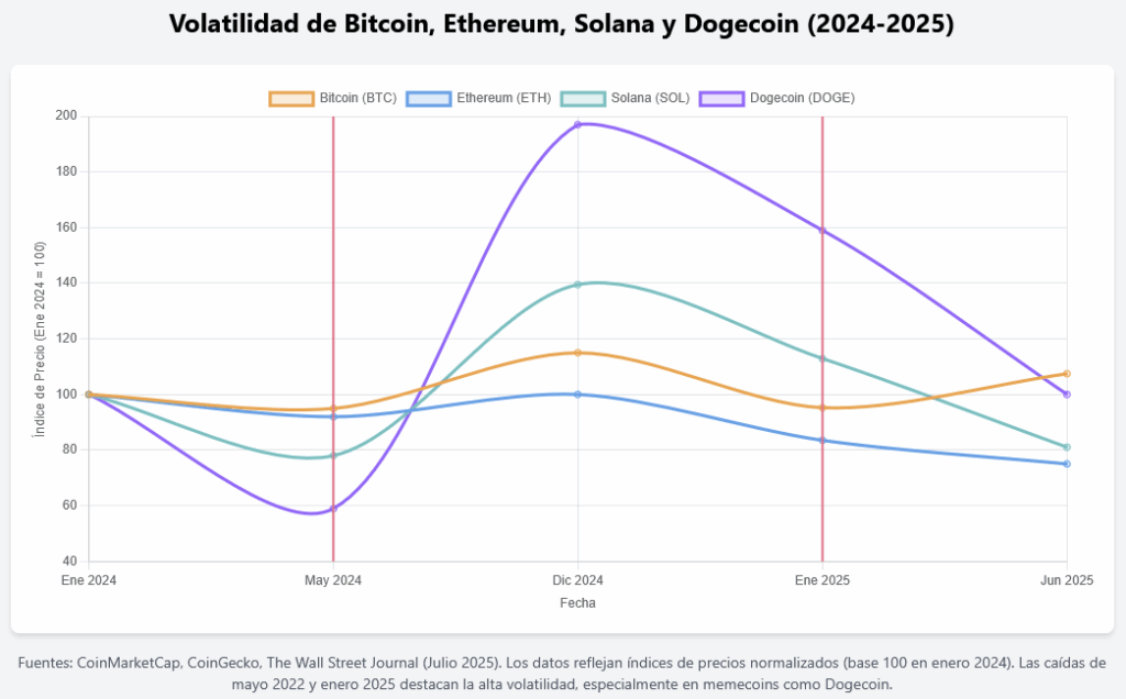 Volatilidad de Bitcoin, Ethereun, Solana y Dogecoin (2024-2025)