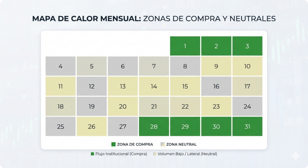 Mapa de calor mensual: zonas de compra y neutrales