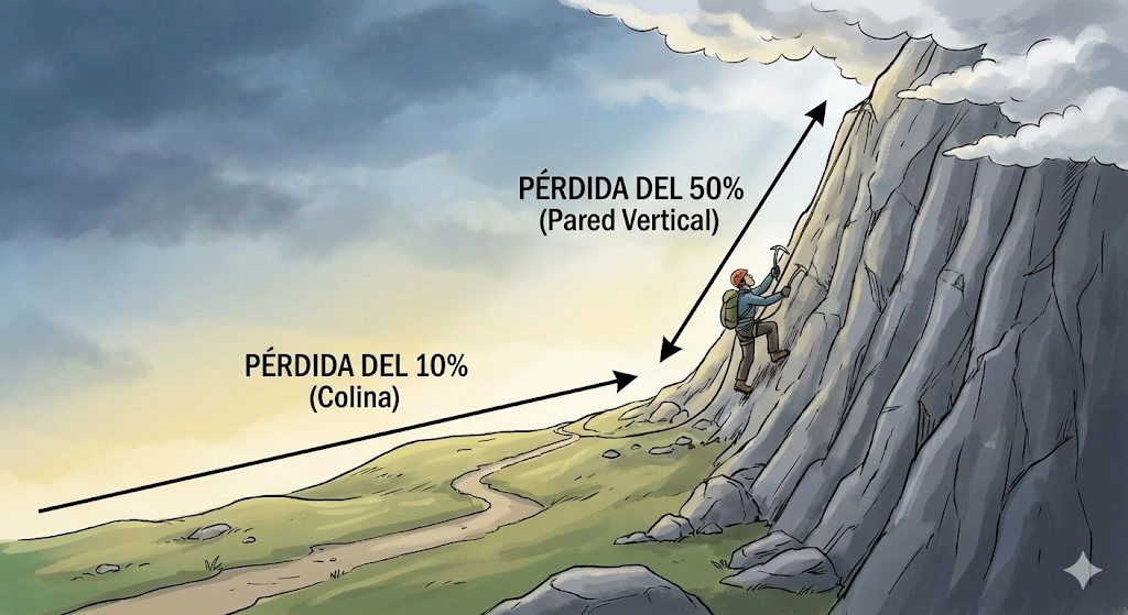 Dibujo de un escalador subiendo una montaña que se vuelve más vertical a medida que avanza. Perder un 10% es una colina; perder un 50% es una pared vertical.
