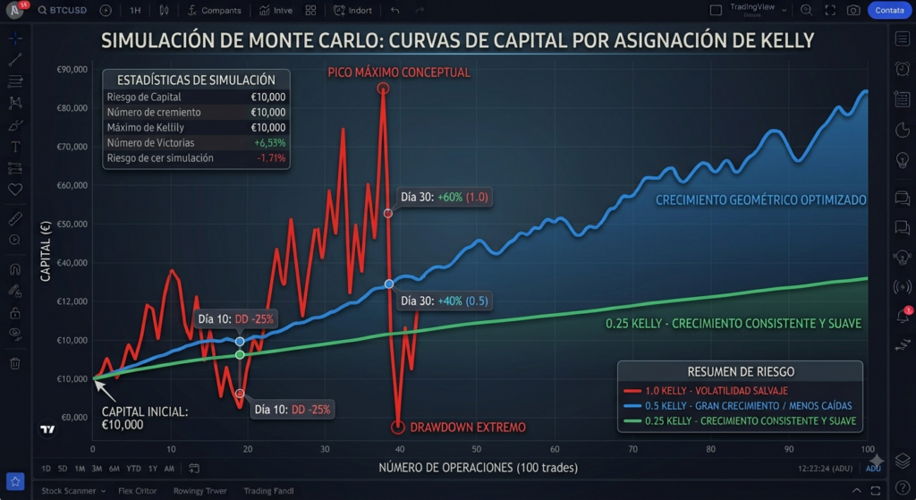simulación de Monte Carlo: curvas de capital por asignación de Kelly